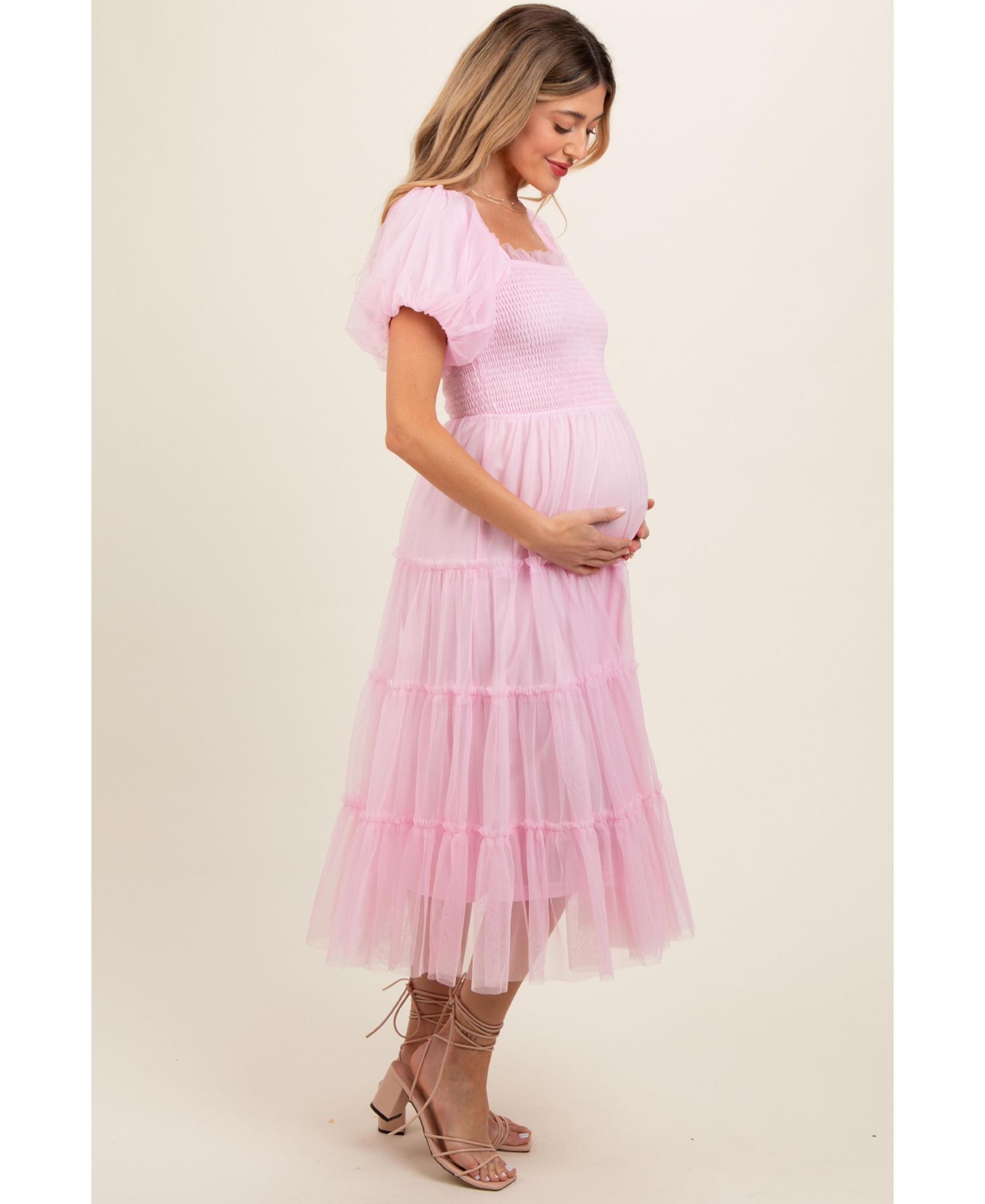 Women's Light Pink Smocked Tiered Tulle Midi Dress
