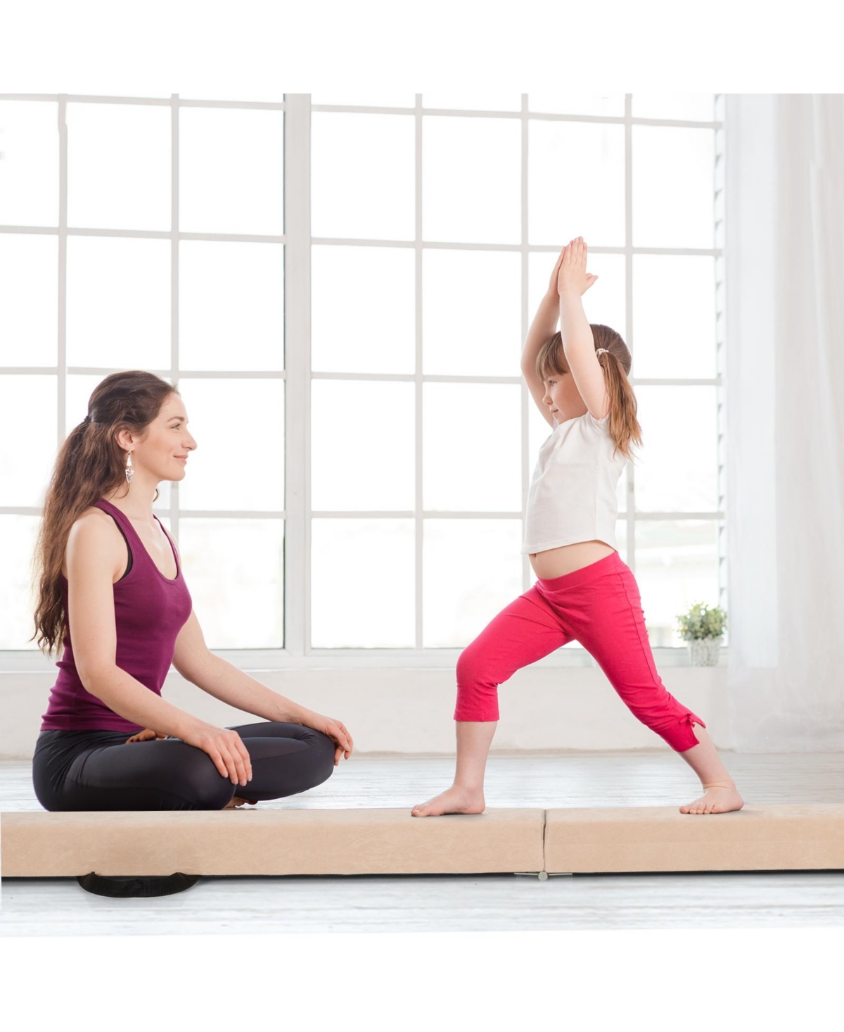 7 Feet Folding Portable Floor Balance Beam with Handles for Gymnasts-Brown