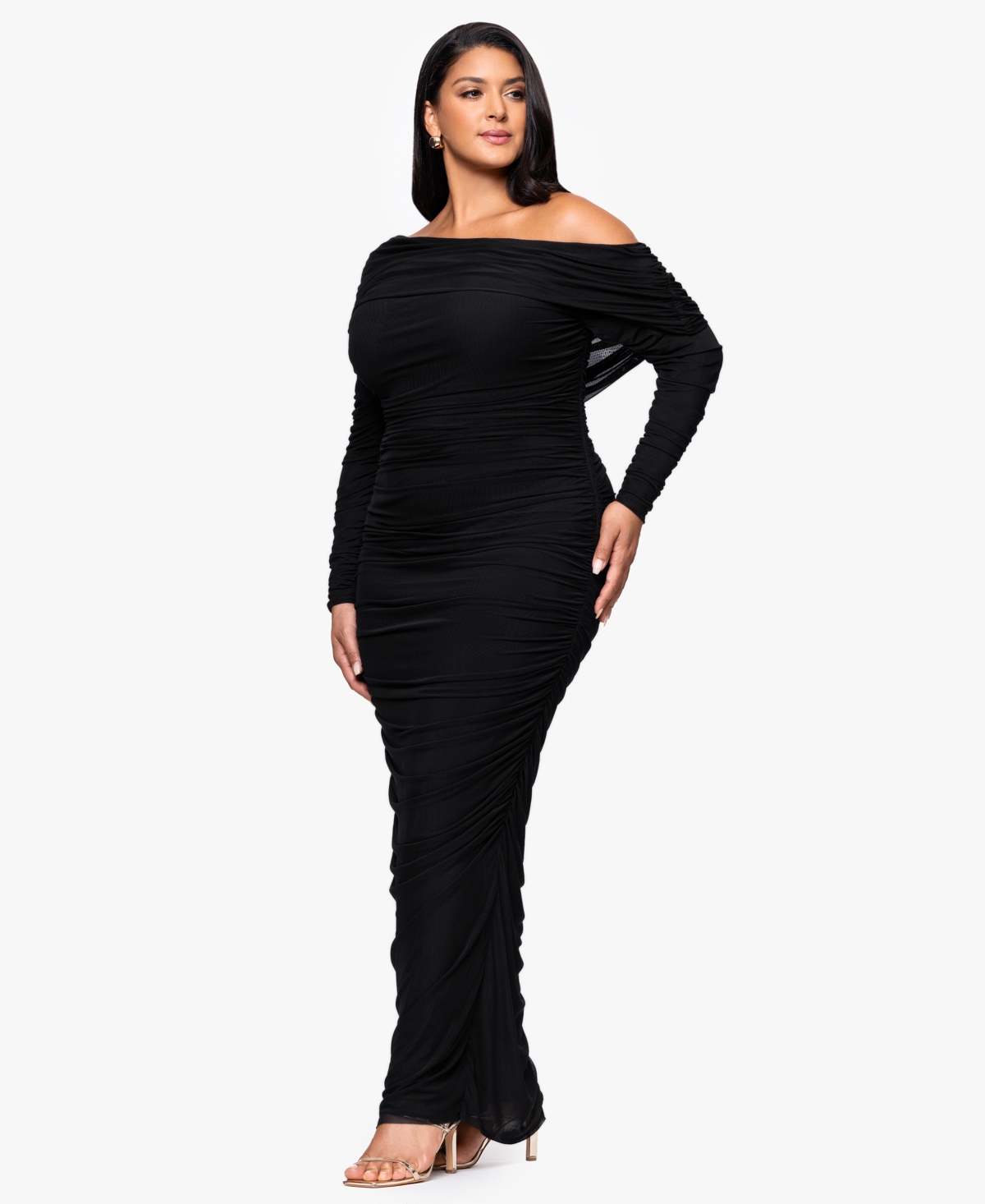 Betsy & Adam Plus Size Long Ruched Mesh Dress In Black