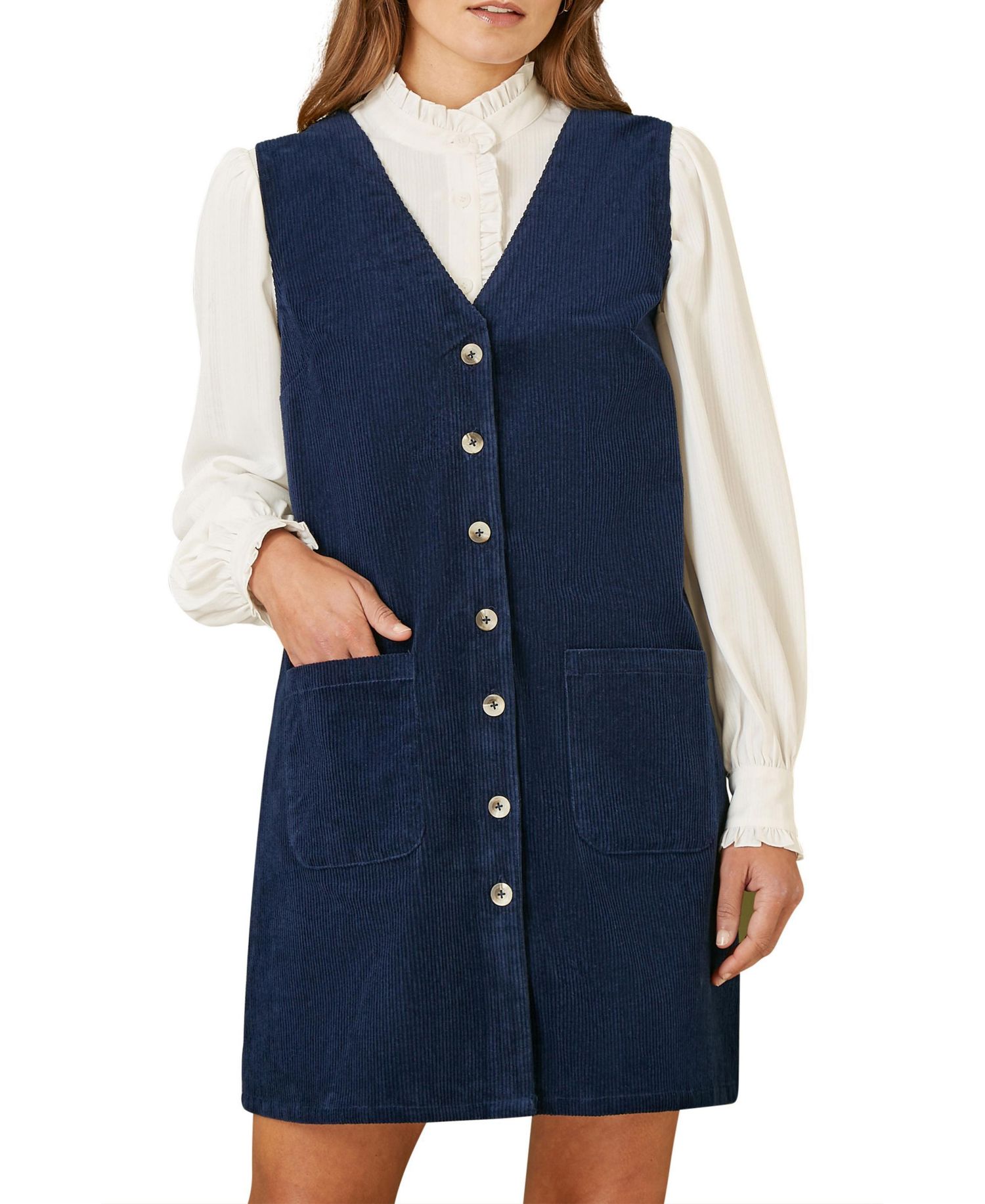 Women's V-Neck Cord Pinafore Dress