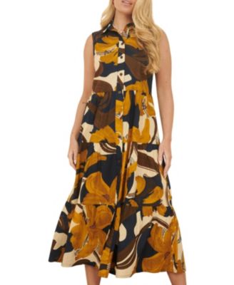 Women's Cotton Leaf Midi Sleeveless Shirt Dress