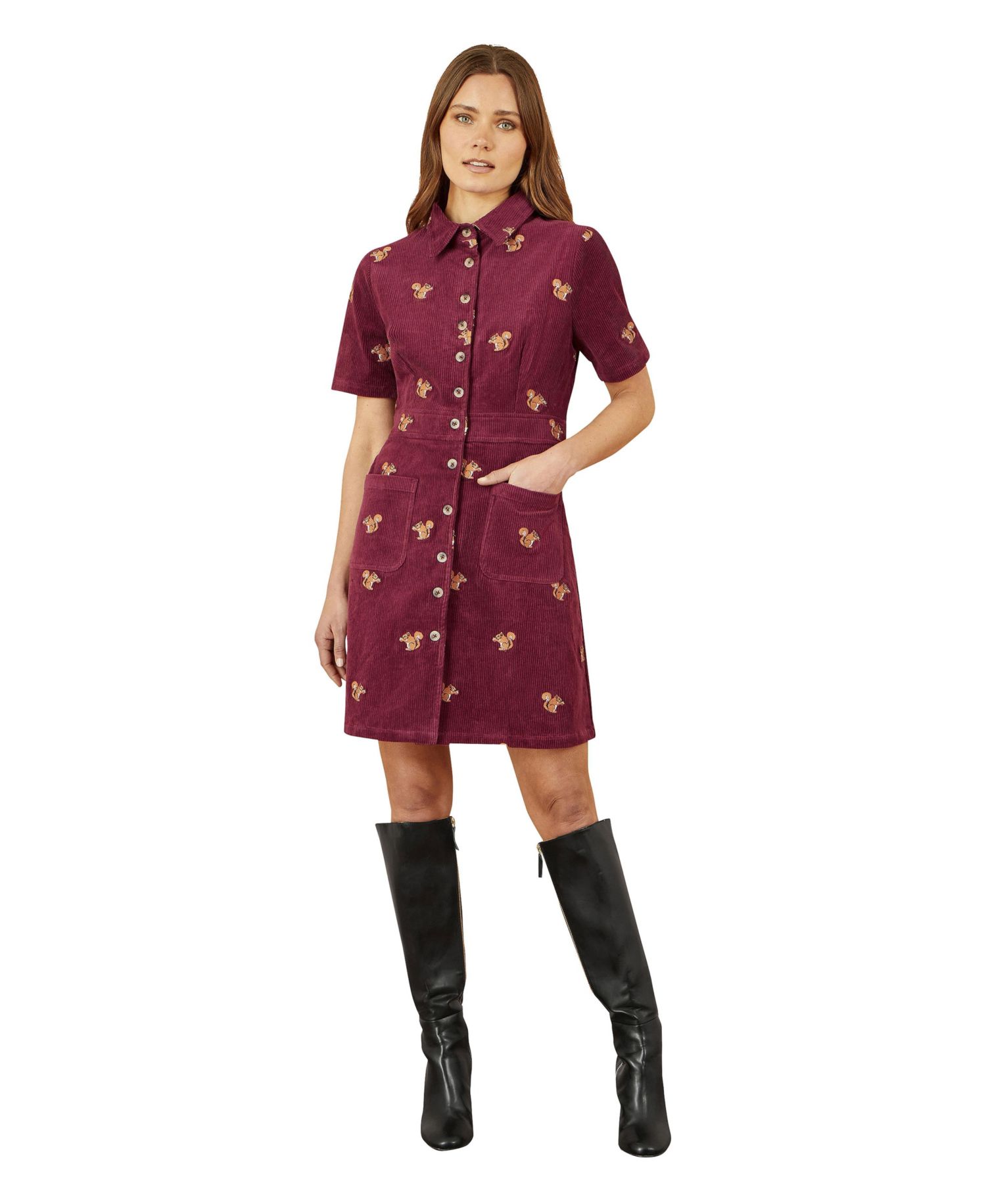 Women's Fox Embroidered Cord Shirt Dress