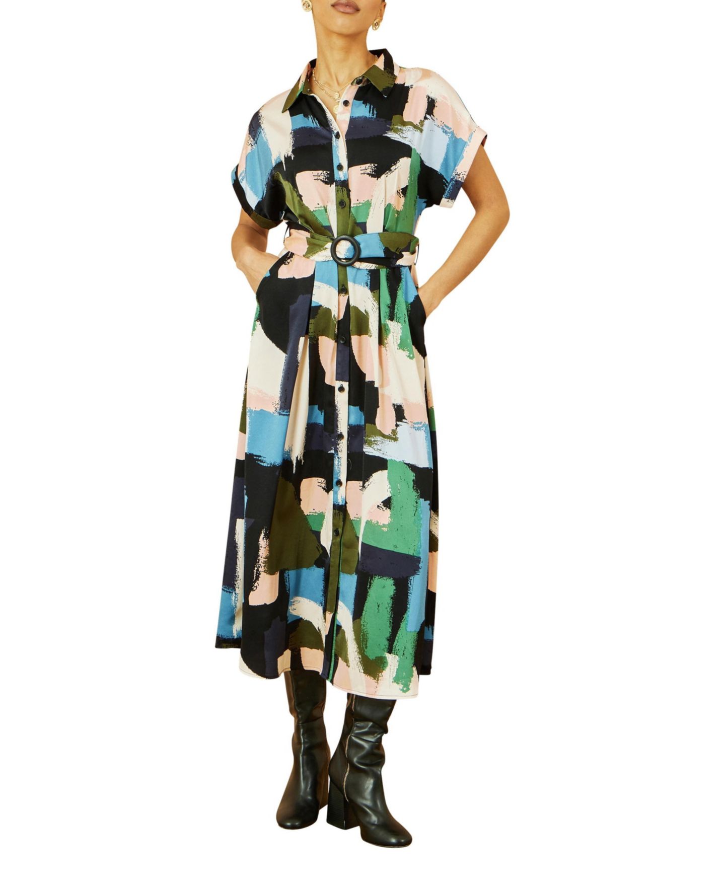 Женское платье Yumi Brushstroke Print Relaxed Shirt Dress, цвет: Разноцветный — фото 4