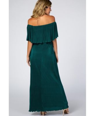 Maternity Forest Green Pleated Ruffle Off Shoulder Maxi Dress