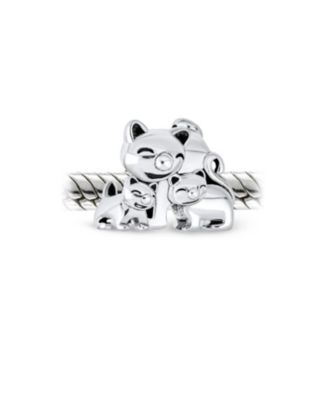 Set of 2 Mommy Cat & Kittens Family & I Love My Cat Round Charm Bead Sterling Silver