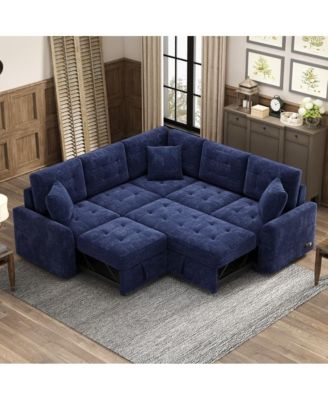 82.6'' L-Shaped Pull Out Sleeper Sofa with USB Ports, Power Outlets & Wheels, Modular Sectional Sofa Bed for Living Room