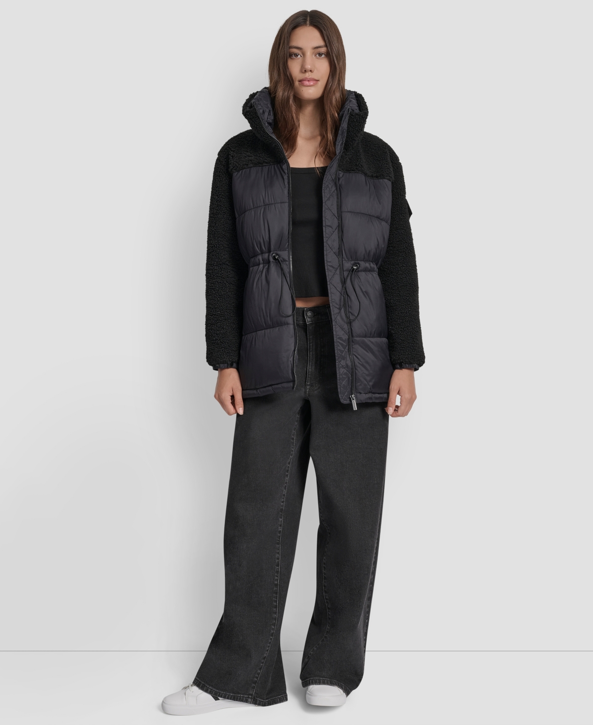 Dkny Jeans Women's Faux-Sherpa Puffer Mixed Coat - BLK