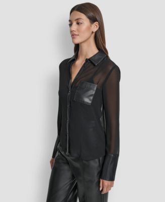 Women's Faux-Leather Trim Sheer-Mesh Shirt