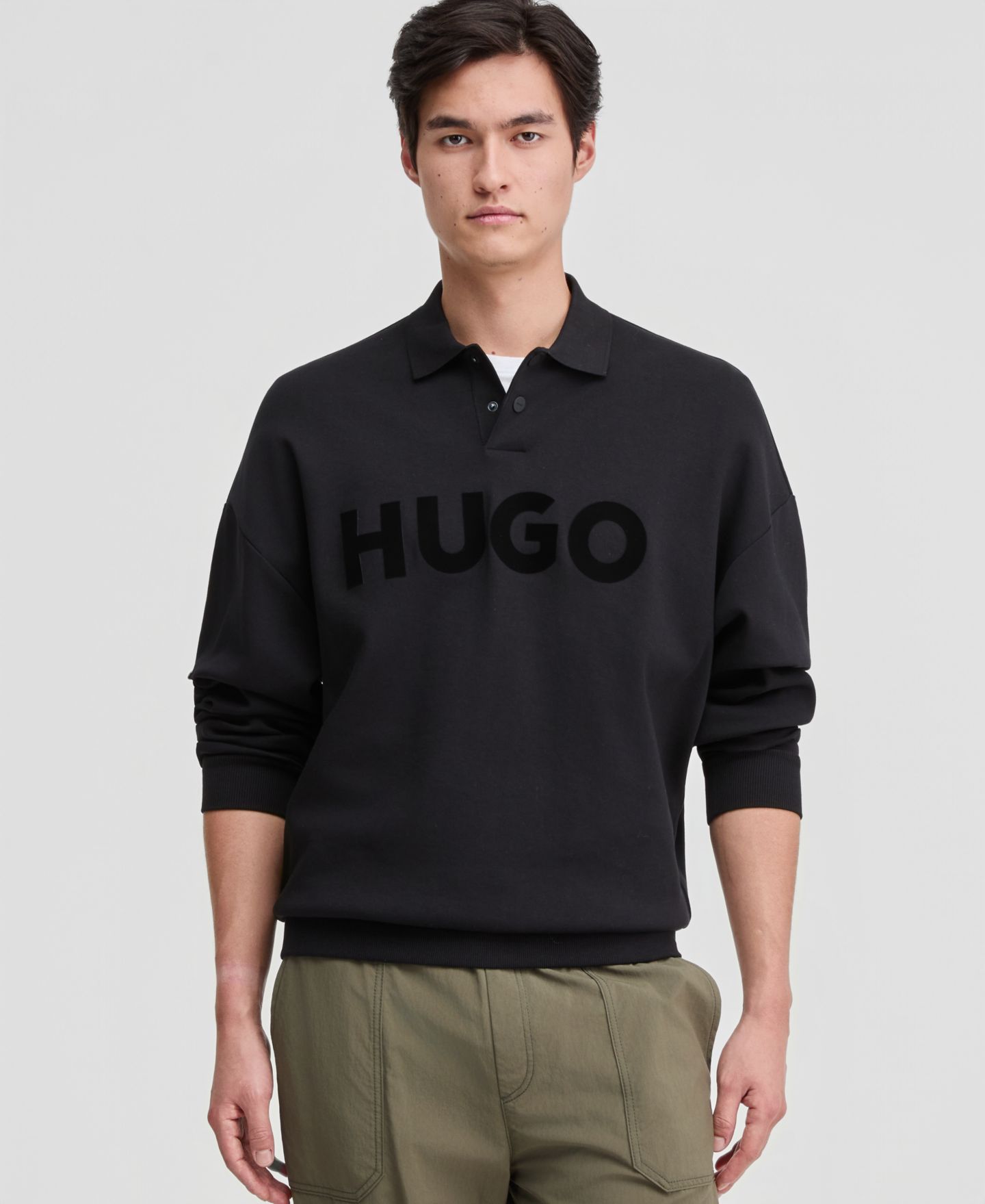 Мужской свитшот Hugo Boss Dimolox Long-Sleeve Snap Placket Logo Polo Sweatshirt, цвет: Чёрный — фото 1