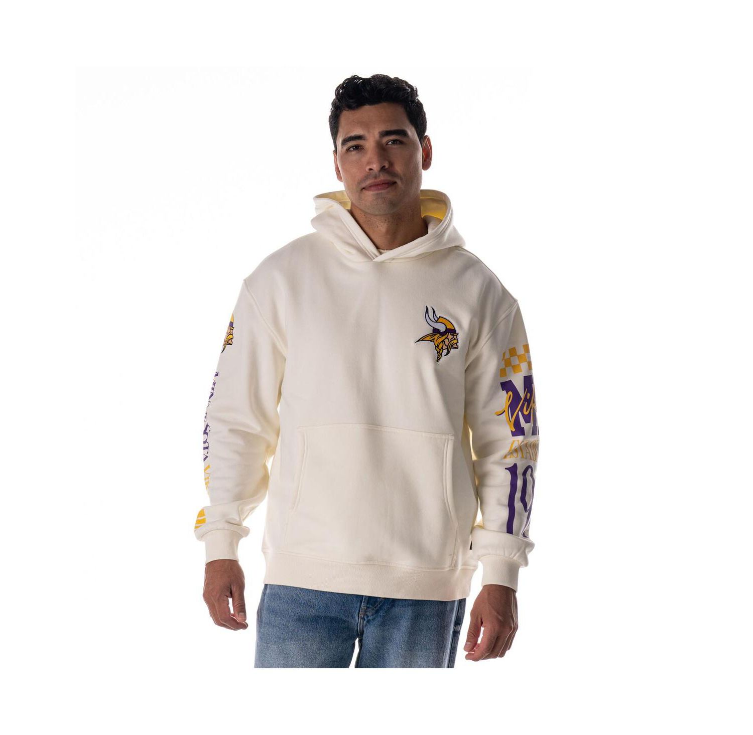 Men's and Women's Cream Minnesota Vikings Stacked Graphic Sleeve Fleece Hoodie