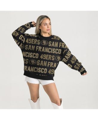 Gameday Couture - Women's Black San Francisco 49ers Relaxed Drop Shoulder Hype Era Rhinestone Text Sweatshirt