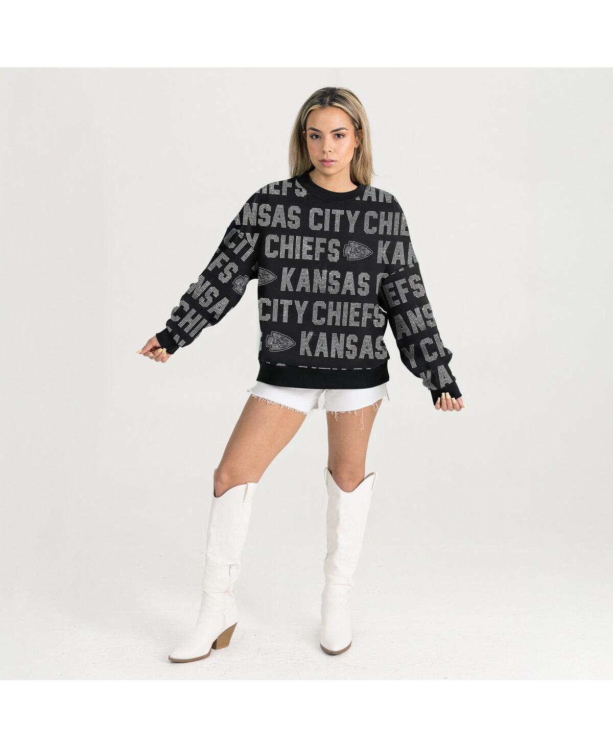 Gameday Couture Women's Black Kansas City Chiefs Relaxed Drop Shoulder Hype Era Rhinestone Text Sweatshirt