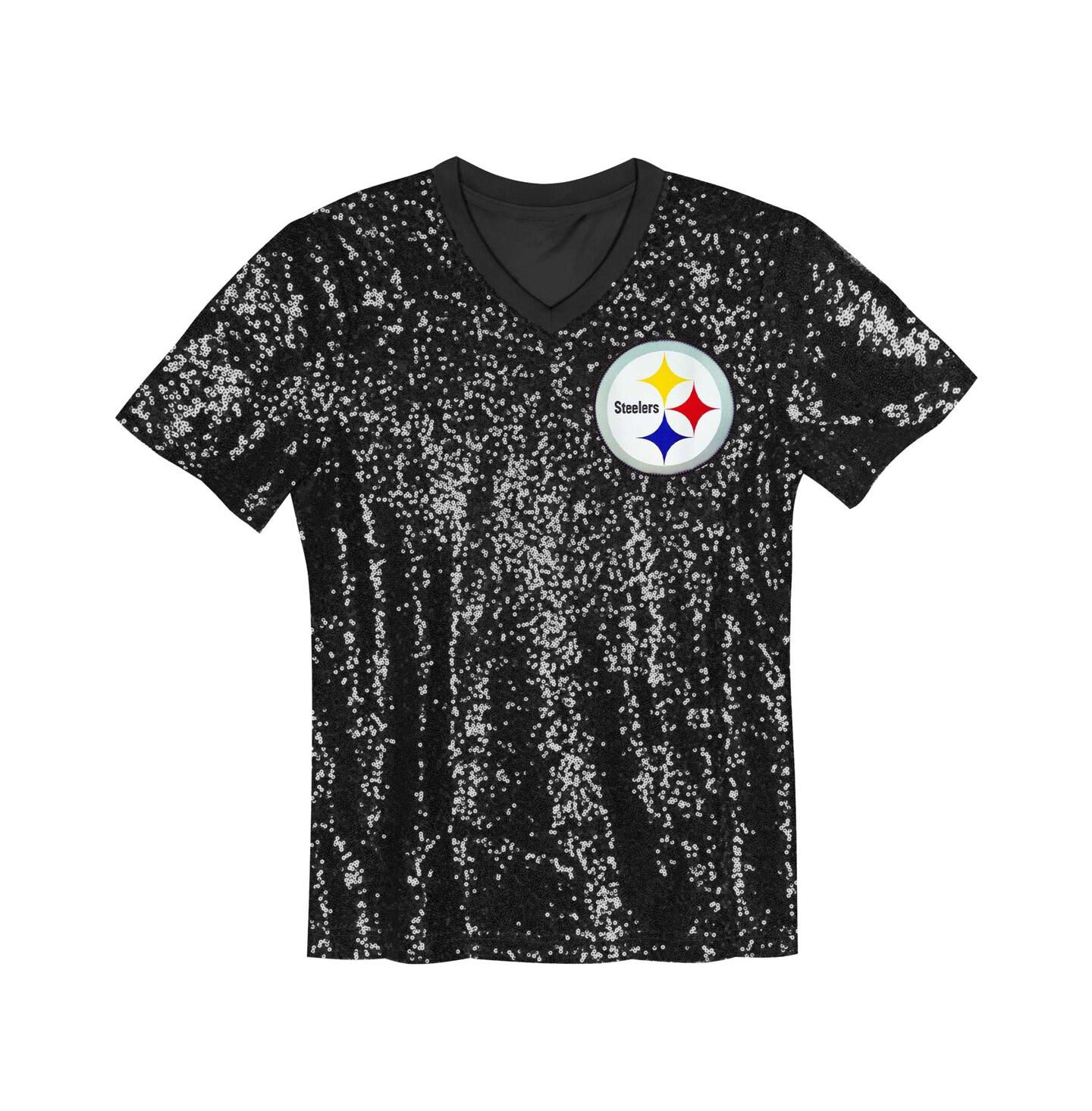 Топ Outerstuff Black Pittsburgh Steelers Wordmark Sequin V-Neck для девочек — фото 3