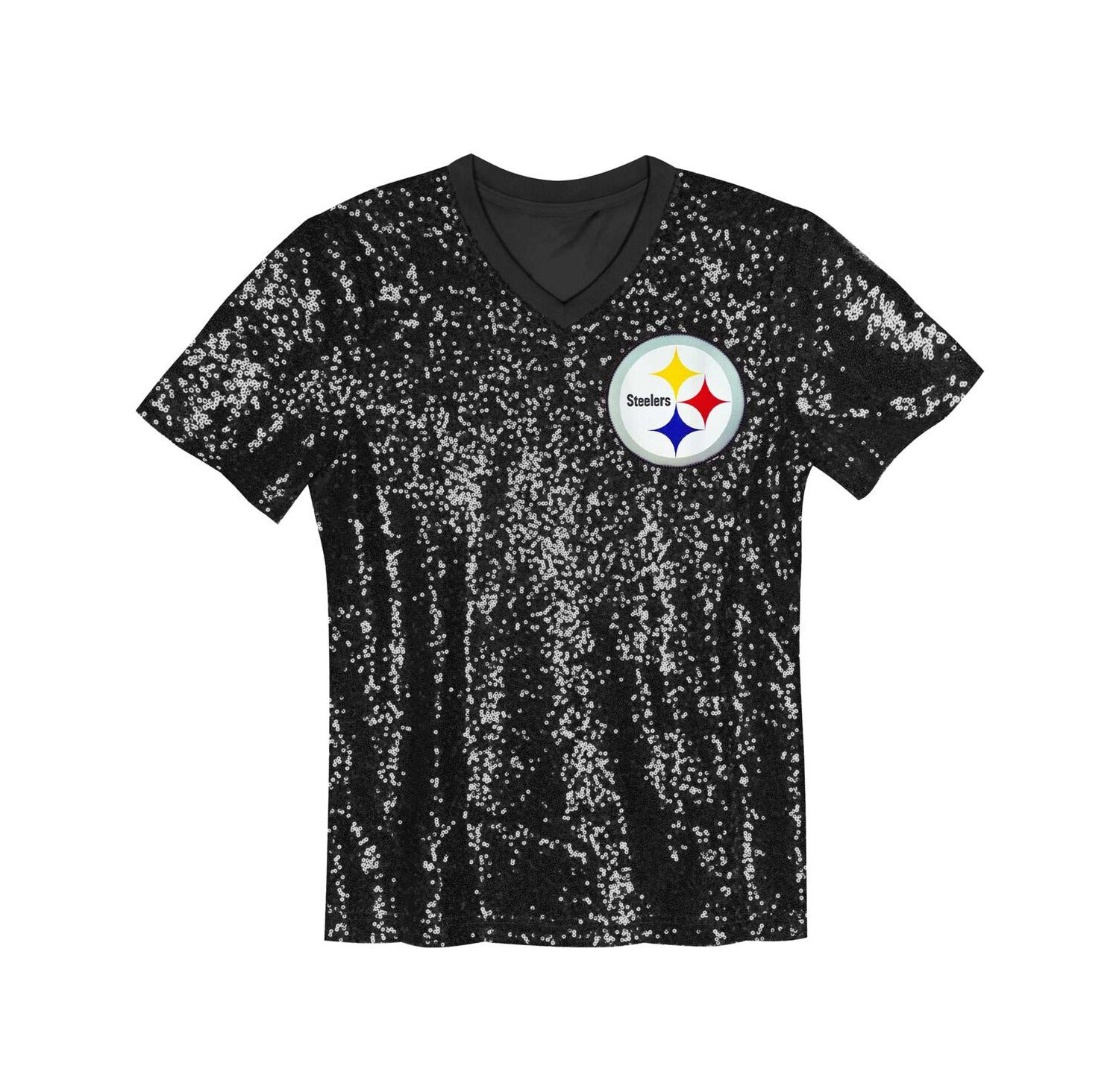 Big Girls Black Pittsburgh Steelers Wordmark Sequin V-Neck Top