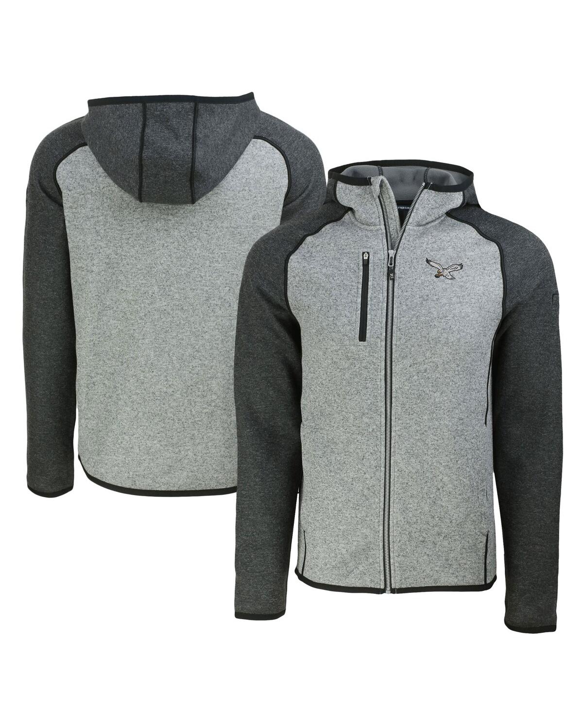 Cutter & Buck Men's Heather Gray/heather Charcoal Philadelphia Eagles Throwback Mainsail Sweater-knit Full-zip Hoo In Gray