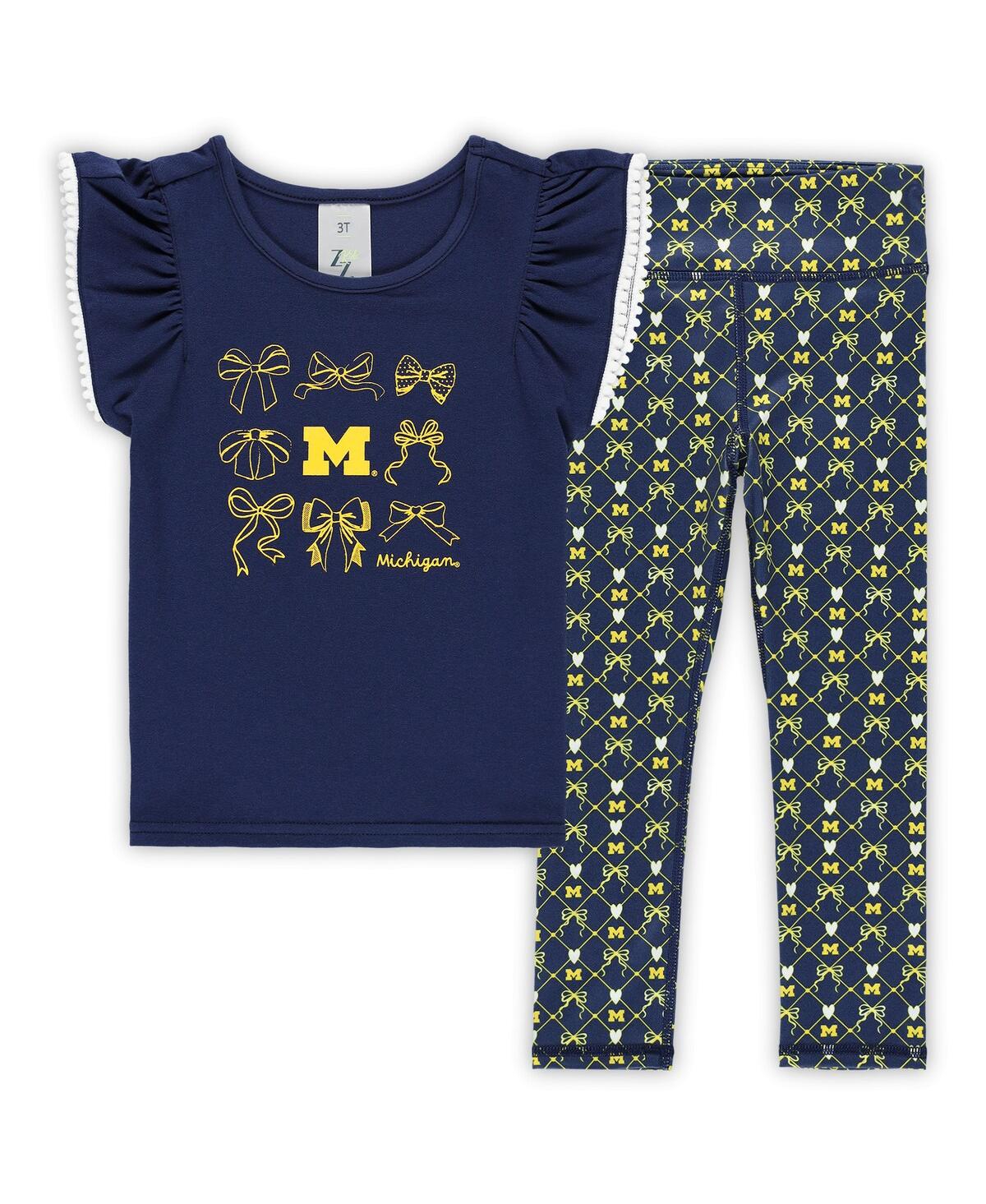 Zoozatz Girls Toddler 2-piece Navy Michigan Wolverines Tri-blend Bow Legging And Shirt Set In Blue
