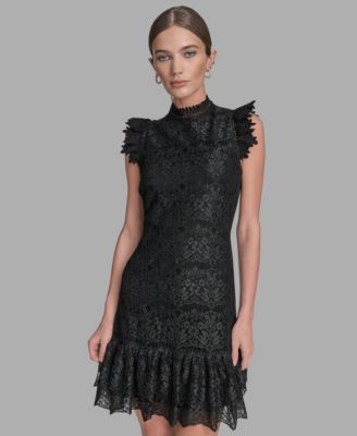 BCBG - Women's Floral Lace Ruffle Hem Shift Dress