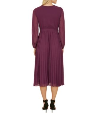 Women's Long Sleeved Pleated Midi Wrap Dress