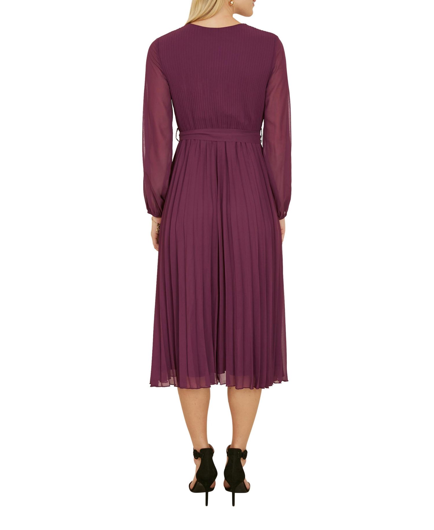 Women's Long Sleeved Pleated Midi Wrap Dress