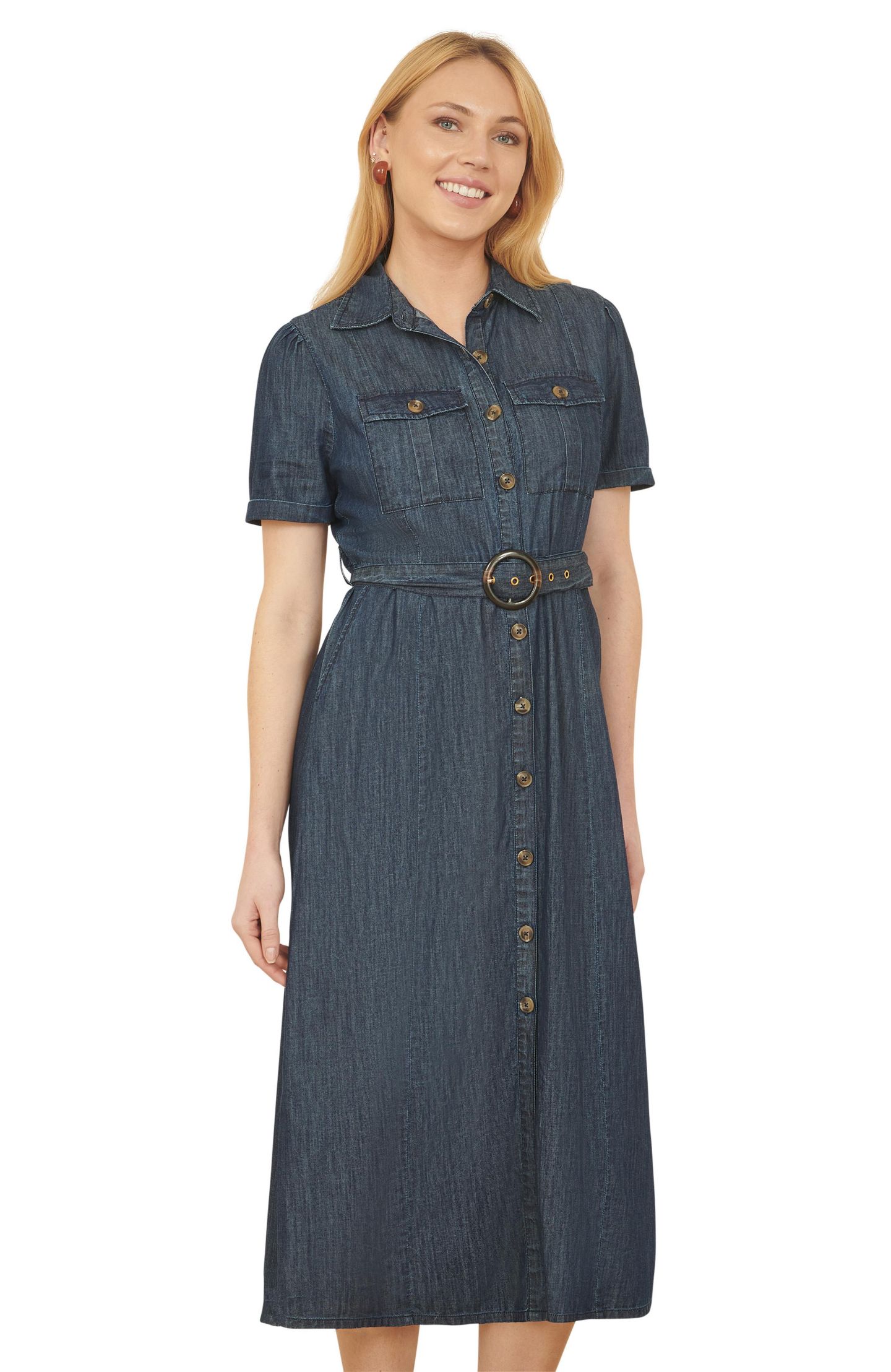 Женское платье Yumi Chambray Denim Utility Midi Shirt Dress, цвет: Синий — фото 3