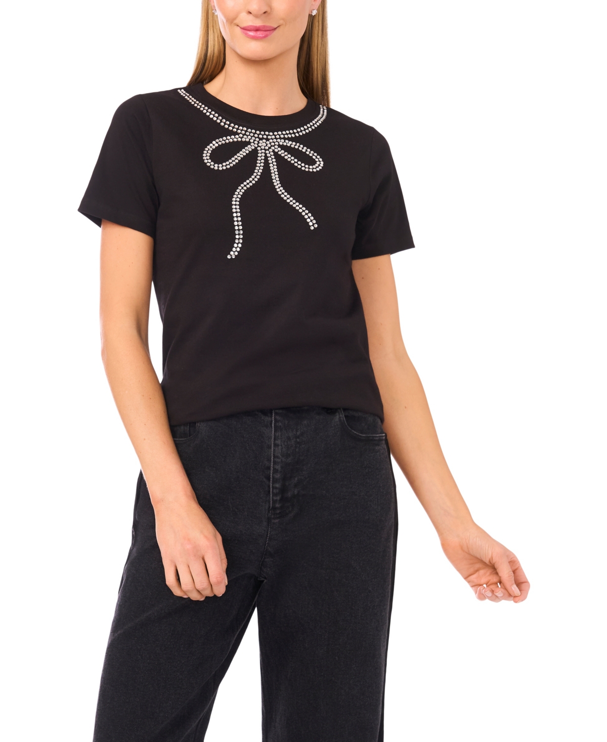 Cece Women's Flowy Bow Gem Trim T-shirt In Black