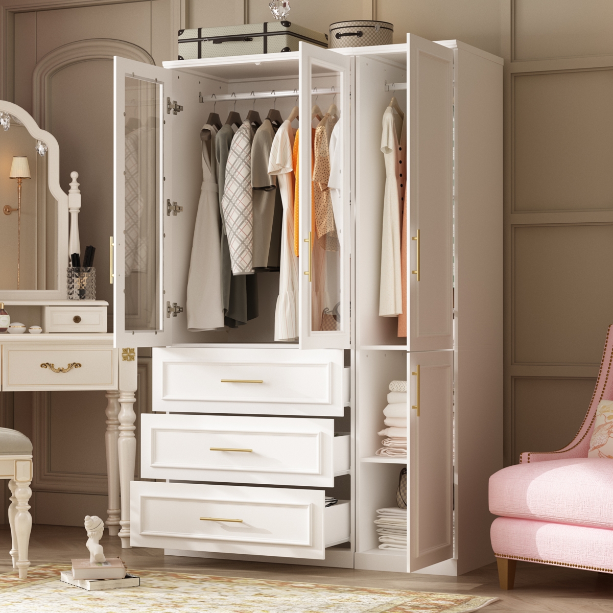 Glass Door Armoire with 3-Drawers , Bedroom Closet with Hanging Rods, Shelves ,Wardrobe
