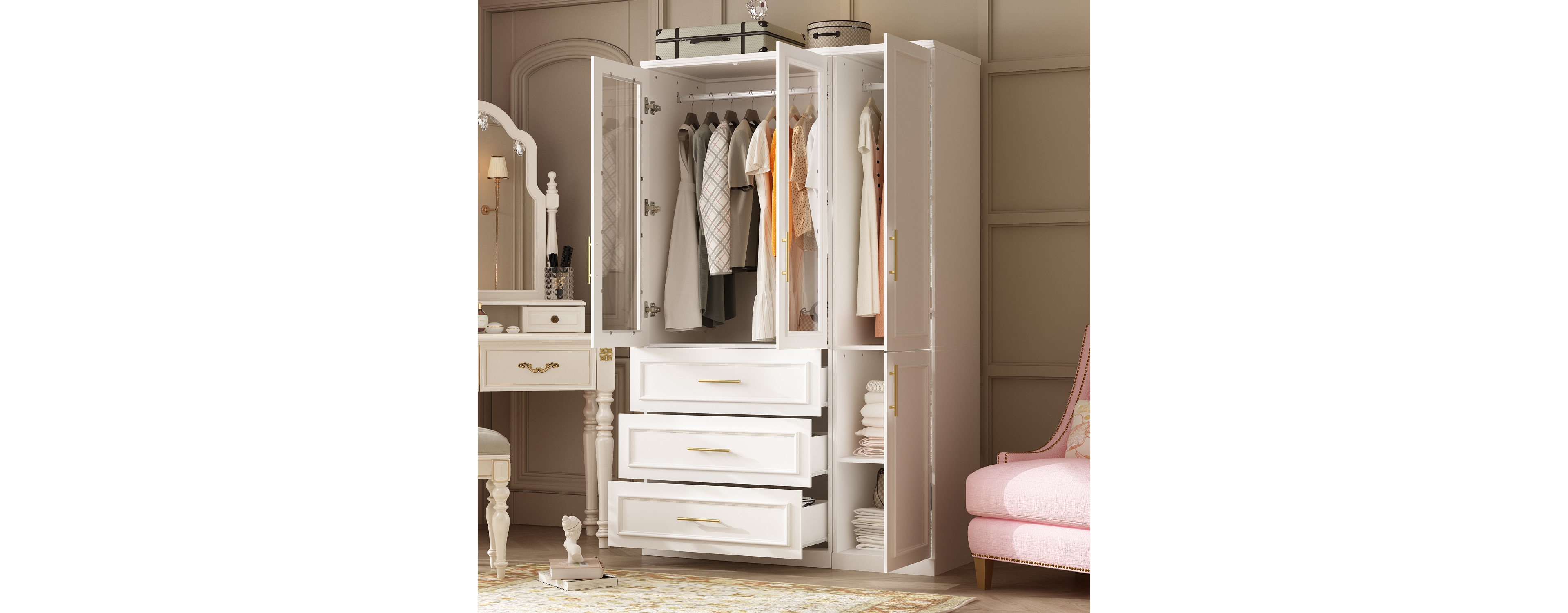 Glass Door Armoire with 3-Drawers , Bedroom Closet with Hanging Rods, Shelves ,Wardrobe