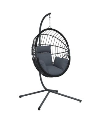 Hanging Egg Chair Anthracite, Black Steel, Rope, Rattan
