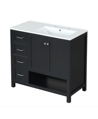 36" Solid Wood and MDF Bathroom Vanity with Sink Top, Cabinet Doors, Drawers and Open Shelf