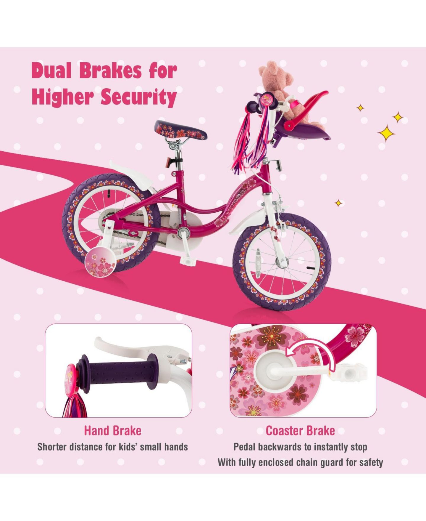 Детская игрушка HONGGE 16 Inch Kids Bike with Removable Training Wheels and Doll Seat, Ages 4-7, цвет: Розовый / Фиолетовый — фото 8