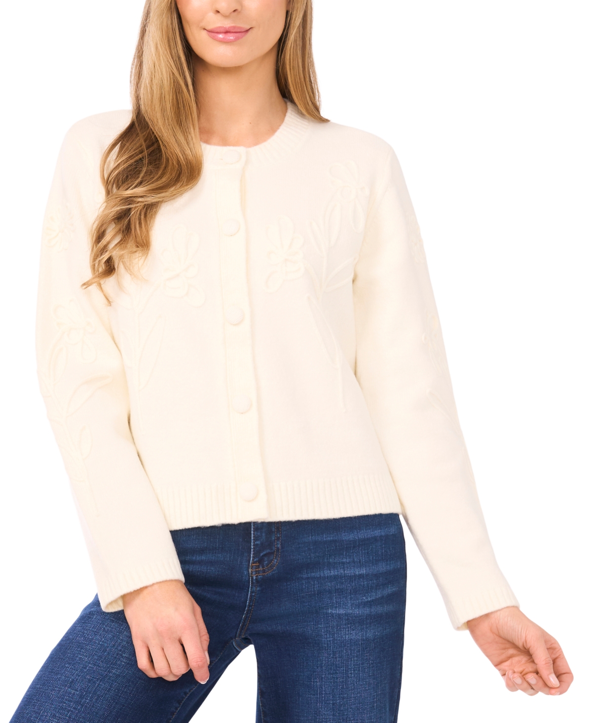 CeCe Women's Flower Embroidery Long Sleeves Cardigan Sweater