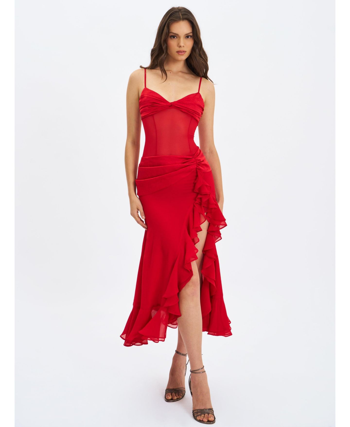 Женское платье Miss Circle Dahlina Red Ruched Waist High Slit Maxi, цвет: Красный — фото 4