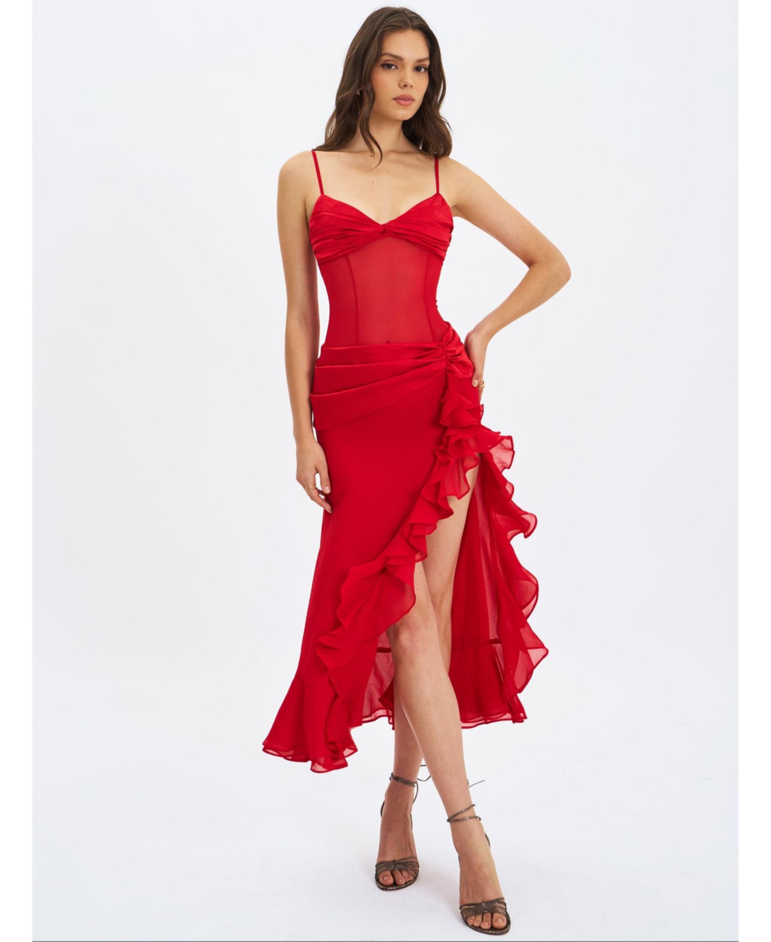 Women's Dahlina Red Ruched Waist High Slit Maxi Dress