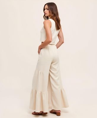 Women's Sleeveless Textured Mock-Neck Crop Top & Tiered Wide-Leg Drawstring Pants 2-Pc. Set