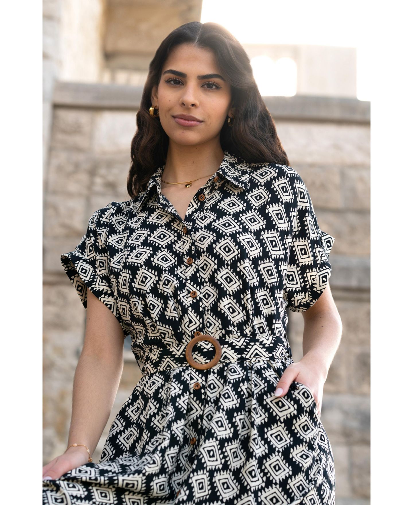 Женское платье Yumi Belted Midi Shirt Dress, цвет: Чёрный — фото 5