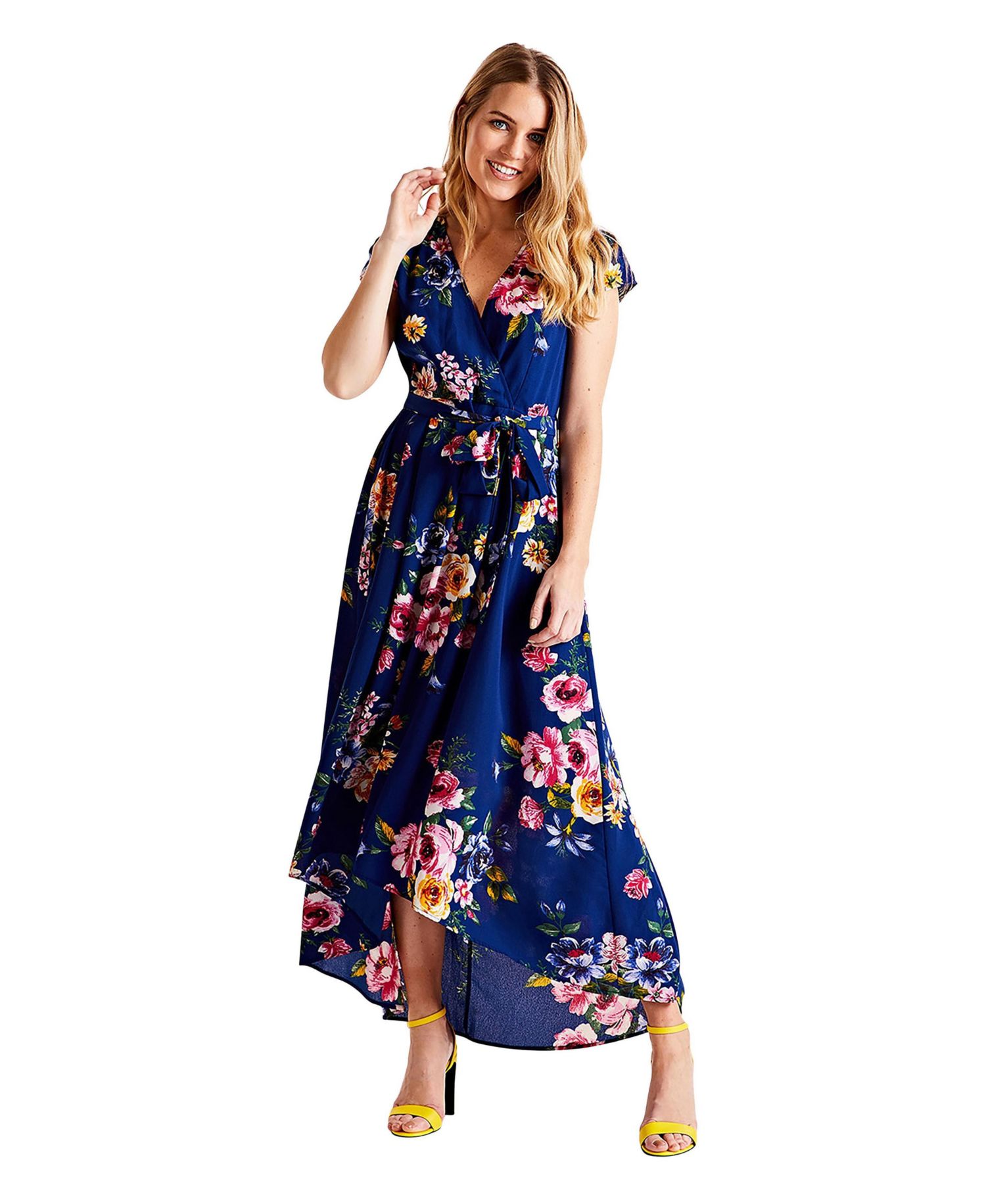 Women's Floral Print Dipped Hem Wrap Midi Dress