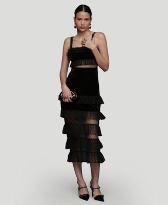 Women's Velvet Tiered Square Neck Midi Dress