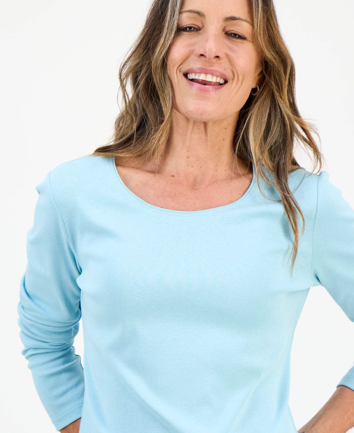 Style & Co Petite Scoop-neck Long-sleeve Cotton Top, Created For Macy's In Blue