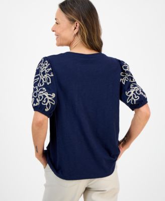 Petite Cotton Embroidered Elbow-Sleeve Top, Macy's Exclusive