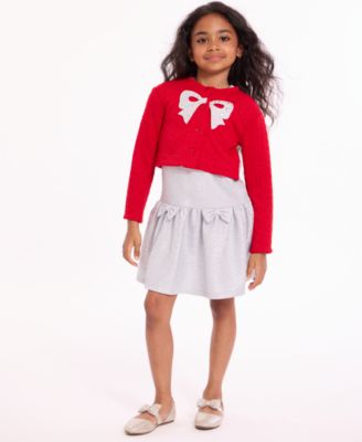 Bonnie Jean - Girls 2T-6X 2-Piece Foiled Knit Dress and Bow Cardigan Set