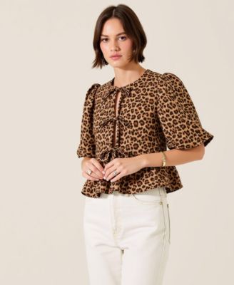 Women's Leopard-Print Front-Tie Puff-Sleeve Peplum Top