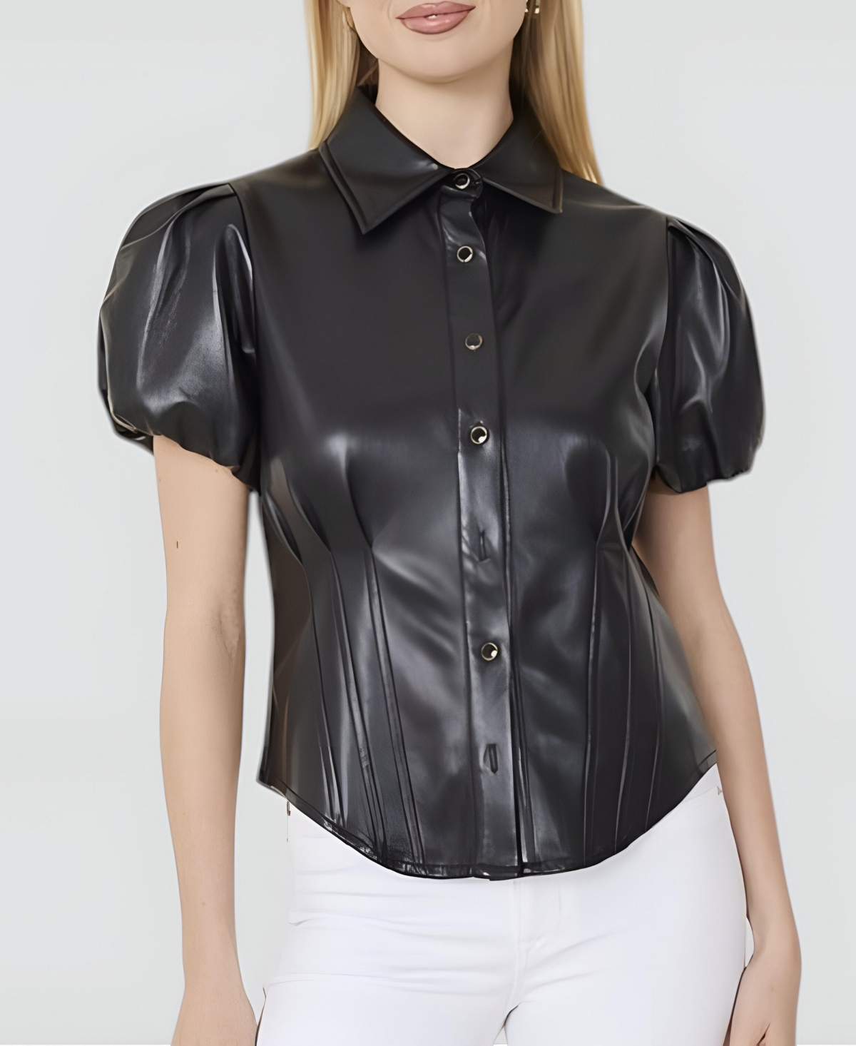 Modenaire Women's Leather Puff Sleeve Corset Button Up Shirt