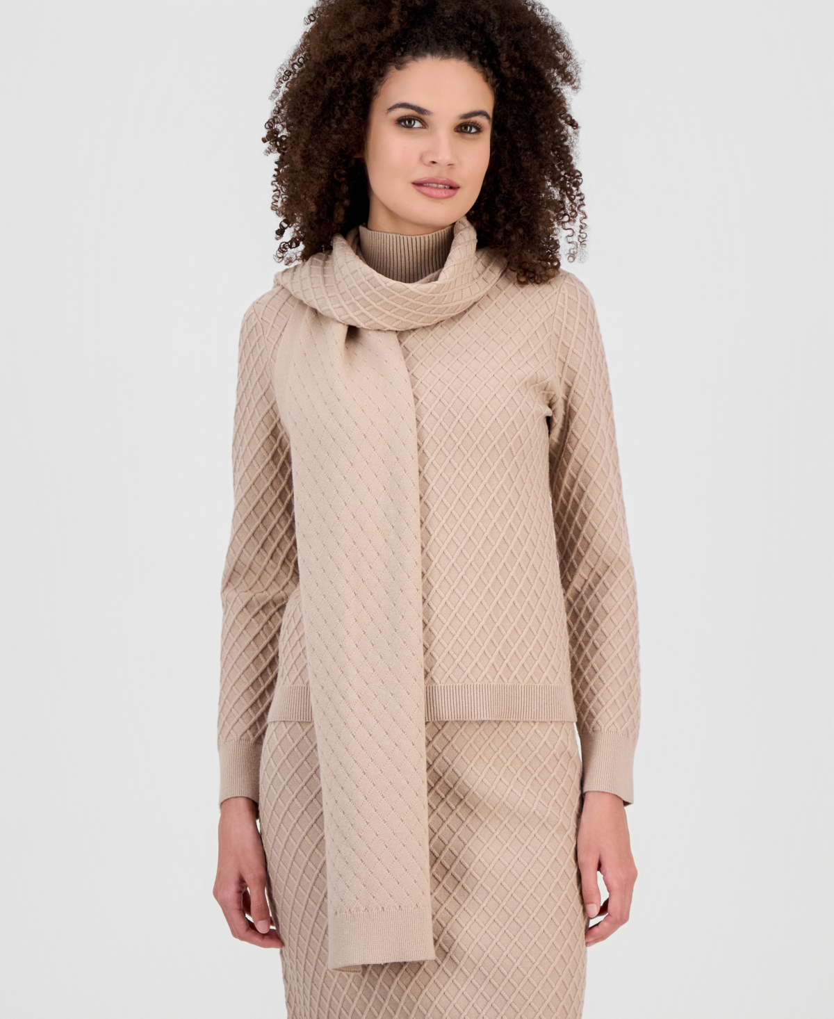 Anne Klein Women's Diamond-stitch Mock Neck Scarf Sweater In Gray