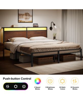 Industrial King Size Bed Frame with Storage LED Headboard, Charging Station, No Box Spring Needed