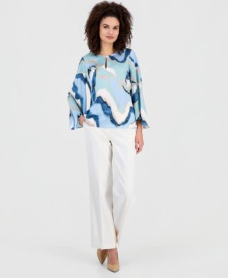 Women's Printed Wide-Sleeve Keyhole Blouse