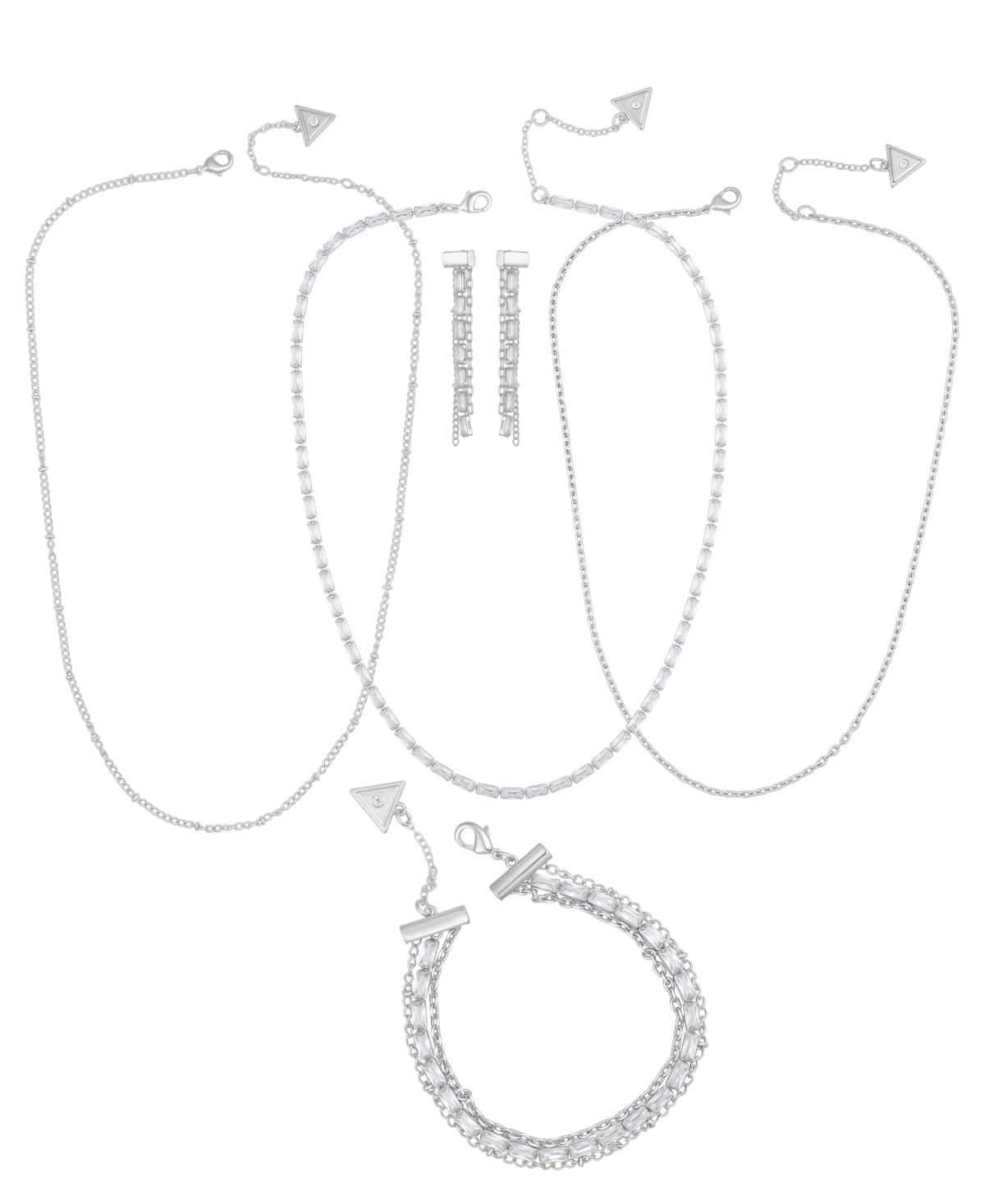Guess 3-pc. Cubic Zirconia Gold-tone Multi-chain Necklace, Drop Earrings, And Bracelet Set In Silver
