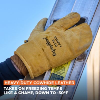 Men's Heavy-Duty 3-Finger Mitt with Double Cuff - Insulated Leather Gloves for Extreme Cold Protection