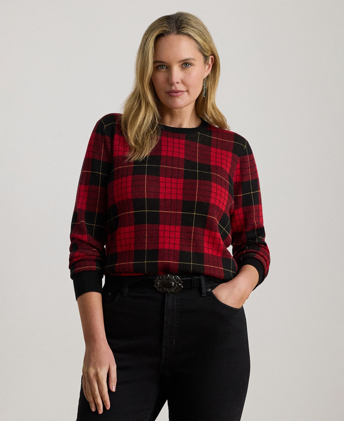 Ralph Lauren Plus Size Plaid Crew Neck Sweater In Red