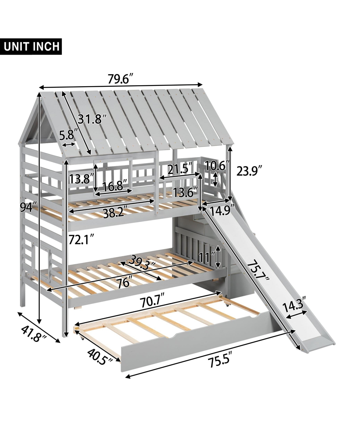 Boyel Living Twin over House Bunk Bed with Trundle and Slide, Storage Staircase, Roof Window Design