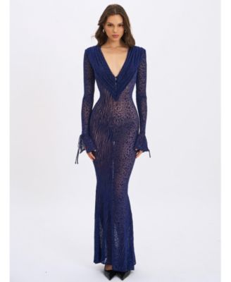 Women's Ilyse Navy V-Neck Plunge Animal Print Mermaid Hem Maxi Dress